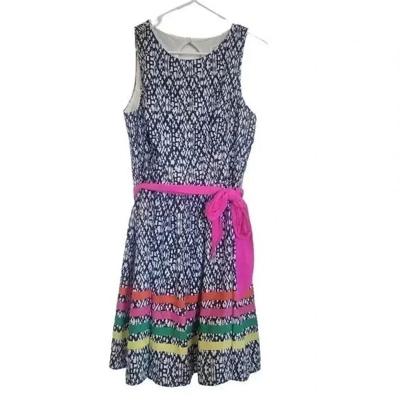 Eliza J Women's Navy & White Poly Print Colorful Striped Ribbons Pink Sash Sleev - Picture 2 of 14